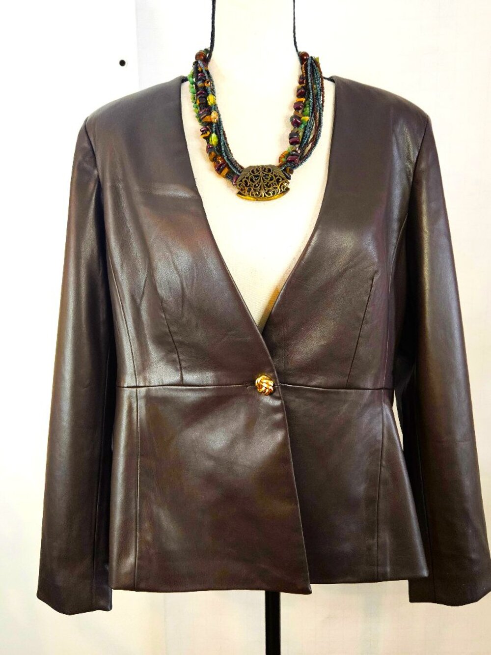 Elie Tahari V-neck SZ 12P Faux Leather Jacket w Single Gold Button Closure